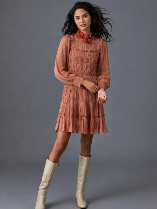 Anthropologie Dresses & Skirts - Anthropologie Rust Ruffle Long-Sleeve Crinkle Dress